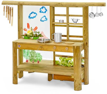 Plum Discovery Outdoor Mud Pie Kitchen Sensory Play - Built in Planter-Garden Tools, Sink, Cooking Utensils, Easy Clean Paint Screen with Water Based Paint, Suitable for 3 Years Plus (110401C108)
