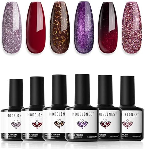 Modelones Smalti Semipermanenti Unghie, Smalto Gel Unghie UV Gel French Manicure 7ml, 6 Colori Glitter Rosso Viola Marrone