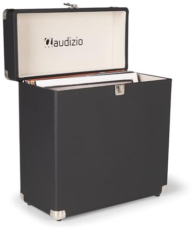Audizio RC32 Vinyl Record Storage Case - Black, Stylish LP Storage Case, Durable Record Case Holder with Soft Flannel Lining, Holds 30-35 Records, Metal Latch, Hinge & Carry Handle for Easy Transport