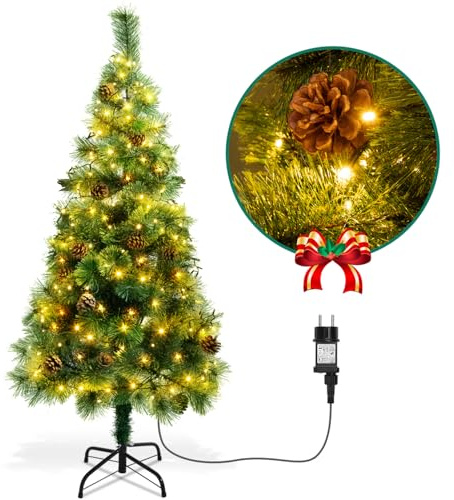 Aigostar Albero di Natale Artificiale da 150 CM,con Catena di Luci LED da 13 M,200 LED Bianco Caldo,8 Modalità di Illuminazione,Rami Ago di Pino con Pigne,Verde,Include Supporto in Metallo.