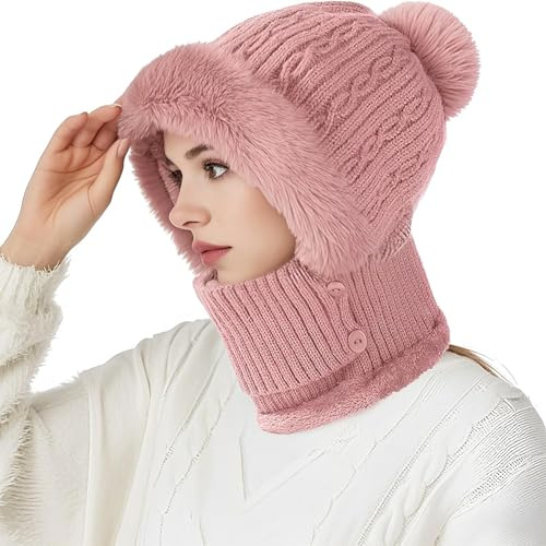 CUEMOON 2 i 1 hatt vinterhalsduk set, dam balaclava tröja, fleecehuva masker halsvärmare, för skidåkning utomhus, Rosenröd, Circonferenza della testa 55-60CM