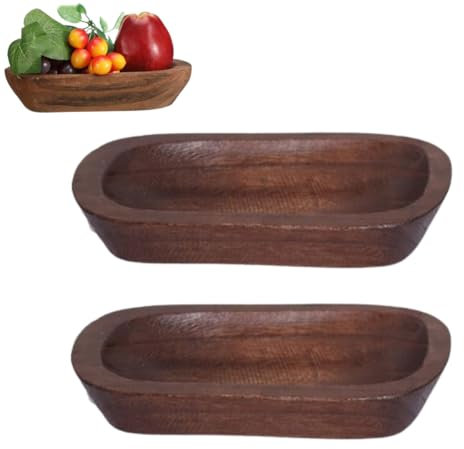 2Pcs Wooden Dough Bowls Candle Holder Tray Oblong Fruit Bowl Decorative Handmade Container Home Ornament Crafts for Kitchen Counter Dining Table