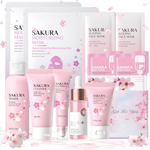 Kit Skincare Viso Completo, Sakura Skincare Kit 11 Pezzi, Set skincare Viso Completo mit Tonico, Detergente, Siero Occhi, Siero, Crema, Maschera Notturna, Maschera Argilla