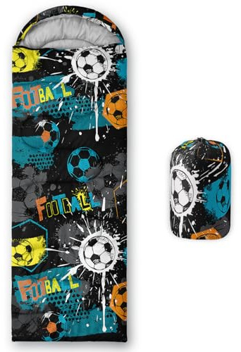 HOSIMA Sac de couchage pour enfants pour garçons et filles, imprimé football, léger, chaud, portable, extérieur, intérieur, imperméable, résistant aux intempéries pour le camping, la randonnée
