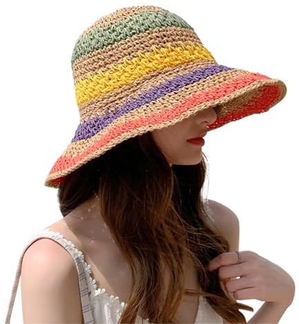 JIAHG Chapeau de Paille Femme Pliable Chapeau Melon Souple à Rayures Multicolore Bob Pêcheur Respirant UV Protection Capeline de Plage Voyage Camping
