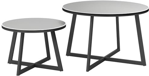 Outsunny 2er Set Beistelltisch Stapelbar Gartentisch Rund wetterfest Balkontisch mit X-Beine Glasplatte Stahl Campingtisch Kaffeetisch für Wohnzimmer Büro Outdoor Indoor Schwarz+Grau