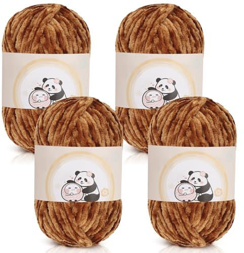 Aeelike Chenille Yarn 400g, 4 Pack Plush Chenille Chunky Yarn for Crocheting (100g per Ball, 87yd), Soft Fluffy Velvet Thick Chunky Wool for Knitting Baby Blankets, Scarves, Socks & DIY Crafts, Khaki