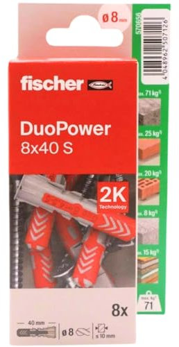 fischer - Duopower 8x40 Con Tornillo - 8U, Tacos para pared multimaterial, sirven para Colgar Bicicletas, Cuadros, Armarios, Soportes de Televisión, Estanterías, Muebles.