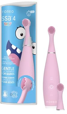 FOREO ISSA 4 Baby – Cepillo de dientes sónico de silicona para bebés y niños pequeños, cerdas ultrasuaves, masaje encías, temporizador LED, recargable USB, cepillo viaje impermeable - Pearl Pink