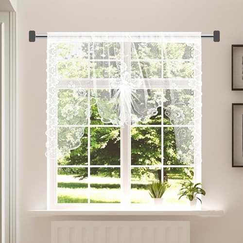 WJIAAA M-Bogen Scheibengardine in weiß, Scheibengardinen landhausstil Halbtransparent Blumen Blätter Stickerei Spitze Voile für Bistrogardine Küche Cafe Fensterdeko(150 x 100 cm)