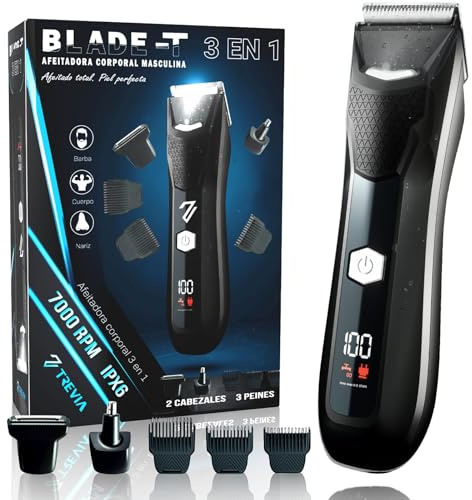 TREVIA® AFEITADORA CORPORAL MASCULINA 3 en 1 PROFESIONAL + 3 CABEZALES | Maquina de Afeitar Hombre | Depiladora Corporal Hombre | Recortadora de barba hombre | Cortapelos | Corte Ajustable +3 medidas