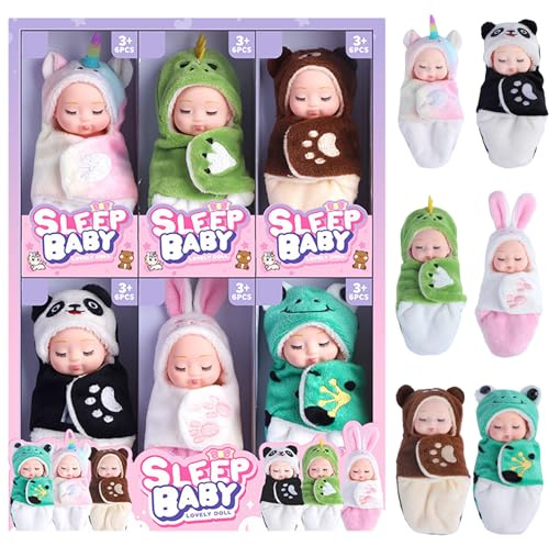 Syglawnd Mini poupées, 6 pièces Mini poupée, bébés à thème Animal de 4 Pouces avec Sac de Couchage, poupées réalistes pour Filles