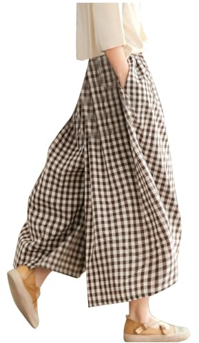 Womens Linen Trousers Wide Leg Culottes Pants Elastic Waist Plaid Gingham Capri Trousers Loose Flowy Baggy Lounge Palazzo Pants Casual Lightweight Cropped Trouser for Beach Holiday Coffee