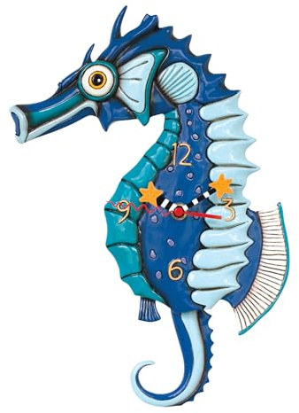 Enesco Allen Designs Salty The Seahorse Sculpted Pendulum Wall Clock, 13.75 Inch, Blue