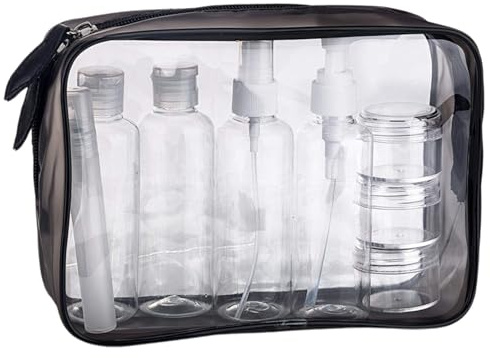 MOCOCITO Kit de Voyage Transparent, Trousse de Toilette Transparent, 5pcs Bouteilles Vides (Max.100ml) + Étiquettes Vierges + Feutres à Encre Permanente (Noir)