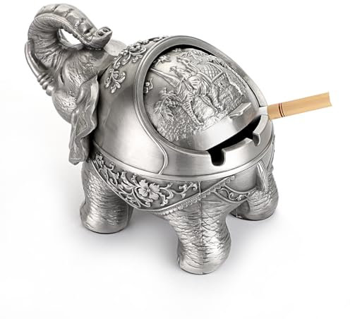 BSTKEY Windfester Vintage-Aschenbecher mit Deckel – Elefanten-Form, Tisch-Aschenbecher, für drinnen und draußen, Retro, für Zuhause, Büro, Dekoration silber