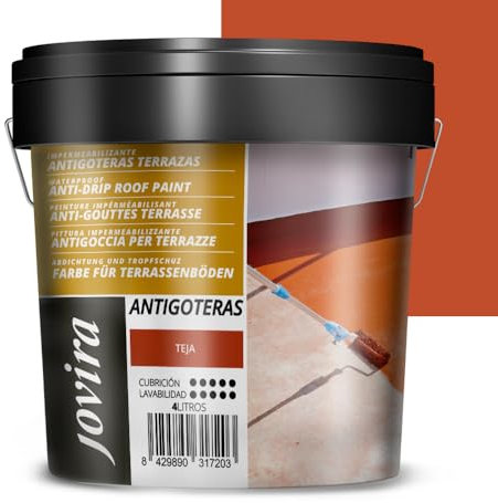 JOVIRA PINTURAS Impermeabilizante Antigoteras, Terraza Antigoteras Caucho Elástica, pintura de terrazas, evita filtraciones en todo tipo de cubiertas y terrazas. (4 Litros, Teja)