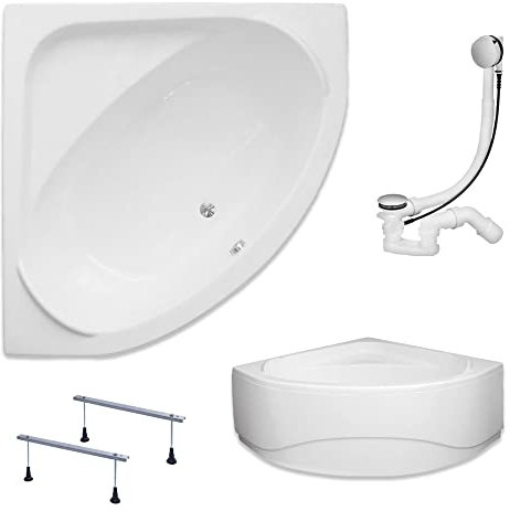 KOLMAN Badewanne STANDARD Eckbadewanne 140x140 mit AcrylSchürze, Ablaufgarnitur und Füßen Komplettset 4in1 Premium Original Acryl Wanne Siphon