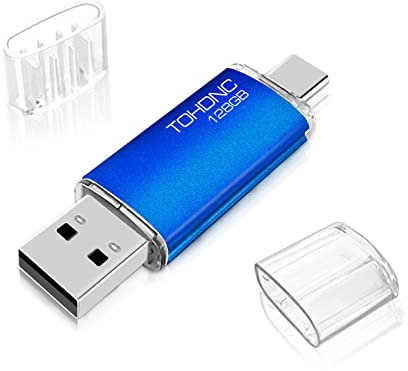 Tipo C Memoria USB 128GB, Pendrive 128 GB Flash Drive USB C Portátil 2 en 1 OTG Memoria Flash 128GB USB 2.0 Memory Stick para Smartphones, Tabletas y Otras Dispositivos de USB o Tipo C (Azul)
