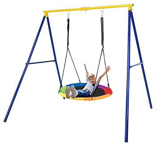 KOMFOTTEU Struttura per altalena singola, resistente alle intemperie, per altalena per bambini, struttura a dondolo da giardino, portata fino a 150 kg, colore giallo e blu