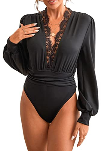 SUIUOI Body med puffarmband, elegant blusbody, långärmad bodysuit med djupa blusar, v-ringning och spets, långärmad skjorta med spets, långärmad plissé veckad tunika, långärmad skjorta, toppar, svart,