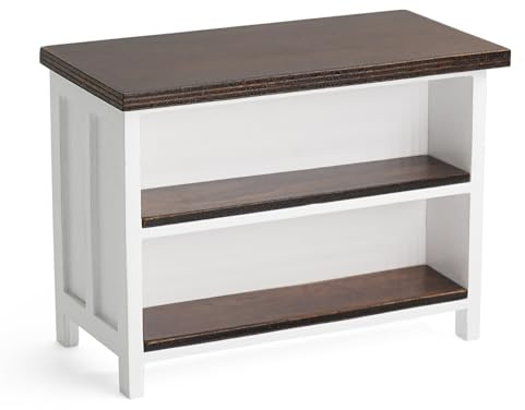 Odoria Casa de Muñecas Isla de Cocina : Escala 1/12 Miniatura Mesa de Comedor para Bar Restaurante Moderno - Mini Mostrador Marrón Muebles Madera con Estantería