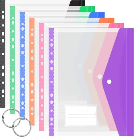 JEFURE A4 Plastic Wallets 6PCS, Colorful Punched Pockets, Expandable Plastic Folders with Label Pocket, Button and Ring Binders, Suitable for Office, School, Home