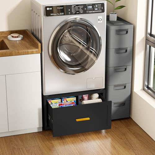 CRPDY 16 H|28 Universal Laundry Pedestal, 440LBS Metal Heavy Duty Washer and Dryer Pedestals, Washer Dryer Stand with Drawer, Washing Machine Base with Anti-Vibration Mats, Fridge Stand(Black)