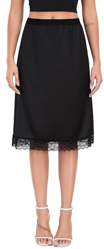 Lovasy Sottogonna da Donna Lunga in Raso Sottogonna in Pizzo Confortevole e Antistatiche Mezza Sottoveste Gonna Morbido Seta Sottovesti con Elastico in Vita Gonne da Donna,A-Nero,L