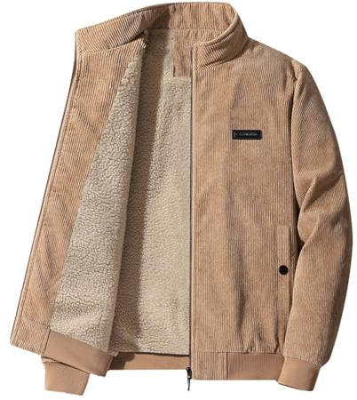 Generisch Abbigliamento da golf da uomo, giacca invernale in velluto a coste con pile alla moda, colletto alto, casual, da uomo, cachi, XXL