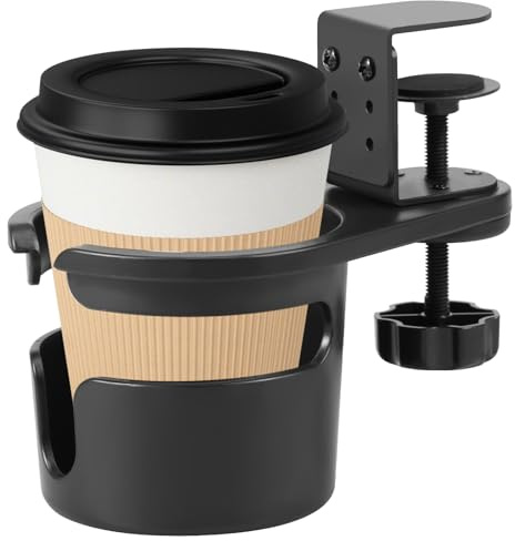GWCYMYD Desk Cup Holder Clamp, Adjustable Table Drink Holder, 360° Rotating Desk Coffee Bottle Rack Easy to Install, Space Saving Clamp on Bottle Tray Stand for Home Office and School