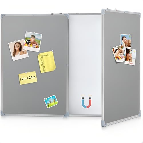 Mooliwe 72x24 Tri-fold Fabric Board Whiteboard Combo, Foldable Combination Magnetic Dry Erase Board & Bulletin Whiteboard with Aluminum Frame Wall Mounted for Home, Office and School(Grey)