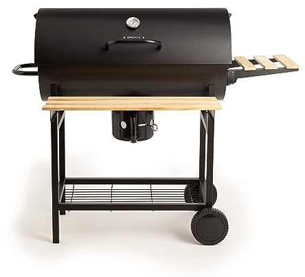 CREATE/BBQ SMOKEY EASY/Barbacoa ahumadora de carbón con ruedas negro/De acero inoxidable, parrilla superior, control de temperatura, bandeja frontral y bandeja lateral, fácil de transportar