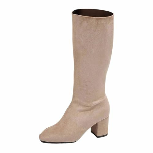 2026 Stivali alti al polpaccio, stivaletti alla moda in camoscio con cerniera laterale, comodi stivali invernali e autunnali, suola antiscivolo, beige., 38 EU