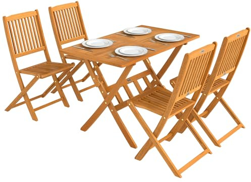 Outsunny Set Tavolo e Sedie da Giardino 5 Pezzi Pieghevole in Legno di Acacia, Set da Pranzo per Esterno con 4 Sedie e Tavolo Pieghevoli, Design a Doghe, per Terrazza Balcone Patio, Color Legno