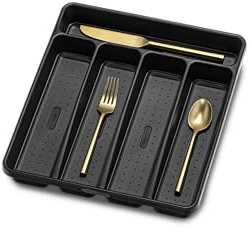 madesmart Small Silverware Tray, Compact 5 Compartment Flatware Organizer for Forks, Knives & Spoons, Non Slip, Soft Grip Lining, Fits Small Drawers, Black