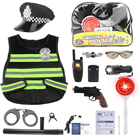 deAO Costume da polizia per bambini, giocattolo con attrezzatura della polizia, gilet occhiali da sole, walkie talkie giocattolo gioco di ruolo per Halloween