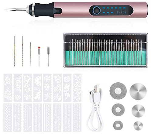 Gravierwerkzeugsatz, USB Mini Gravierstift Mit Gravurzubehör, Kabelloses Graviergerät Für Metall Glas Holz Stein Schmuck Nägel Keramik (Rosa-1)