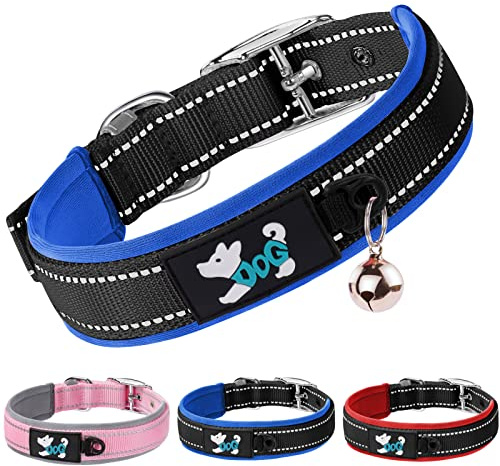 AUAUY Nylon Hundhalsband, Reflekterande Halsband för Hundar, Ultramjukt Neopren Vadderat, Justerbart Reflekterande Sömmar för Djurhalsband med Slitstarkt Metallspänne och Etikettring