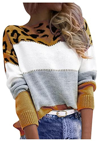 riou Jersey Mujer Invierno Original Cuello Redondo Rayas Suéter Prendas de Punto Manga Larga Cálido Sweater Adolescente Niña Tops Cómodo Elegante Tejido Blusas para Navidad/Diario