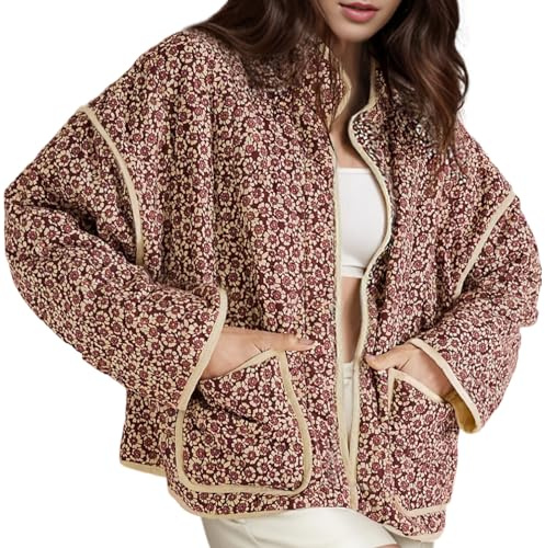 Wyeysyt Women's Cropped Quilted Jacket Floral Print Padded Puffer Jackets Lightweight Open Front Cardigan Coat Outwear(Red-S)