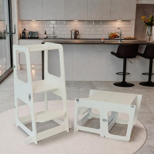 Convertible Learning Tower, 2-in-1 Kids Kitchen Stool & Table/Chair, 1-6 Years Wooden Standing Tower with Safety Feet, Montessori Kitchen Step Stool, (White)