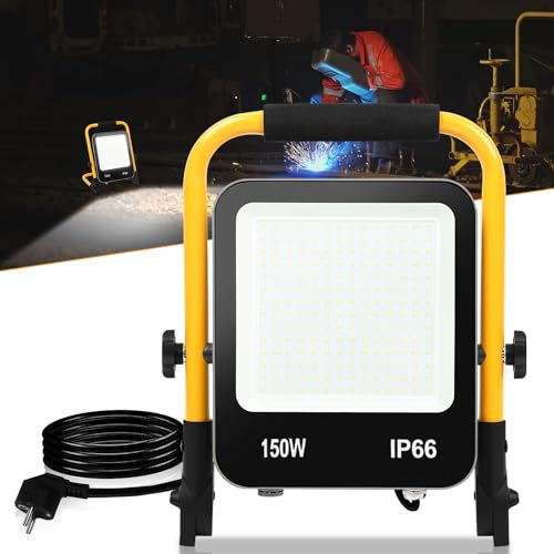 Jopassy Faretto da costruzione, 150 W, 13000 lm, x 4, 6000 K, luce bianca diurna, lampada da cantiere con spina, faretto per illuminazione da lavoro con cavo 3 m e impermeabile, IP66