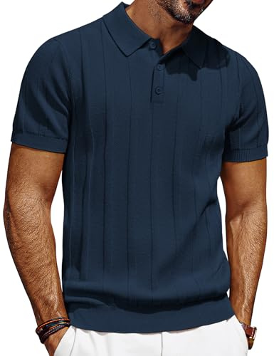 PJ PAUL JONES Men's Polo Shirts Short Sleeve Casual Golf Polo T Shirts | Breathable Knitted Polos for Summer,Ribbed Textured
