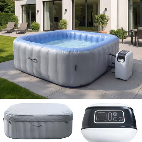 Mendler Whirlpool HWC-N97, 6 Personen, In-/Outdoor heizbar aufblasbar Pumpe PVC laminiert, eckig 198cm grau-blau