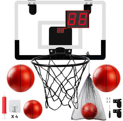 Mini Canasta Baloncesto Niños Infantil – Canasta Baloncesto Interior Puerta de Pared con 4 Pelotas, Marcador Electrónico y Sonidos, Juego Deportivo para Interior, Regalo para Niños a Partir de 3 Años