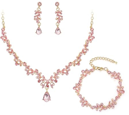 Rensa bröllopssmycken set för kvinnor, glänsande strass tårdroppe löv kluster uttalande halsband dinglande droppe örhängen länk armband för bröllop fest bal tillbehör, Kristall