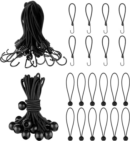 Kit de Fijación para Toldos y Lonas, 12 Correas Elásticas con Bola + 8 Ganchos, Alta Resistencia al Agua, UV y Abrasión, para Camping, Jardín y Exteriores