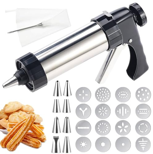 Churreras para Churros Acero Inoxidable,Prensa de Repostería para Galletas,Máquina para Hacer Churros con 16 Plantilla,8 Boquilla y Mangas Pasteleras, Biscuit Maker Machine para Churro Galletas