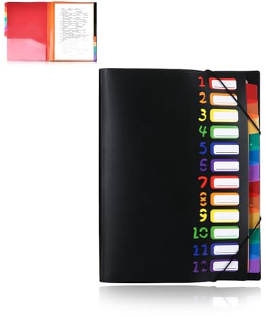Carpeta archivadora A4 con 12 compartimentos y 24 bolsillos, carpeta de documentos A4, multicolor arcoíris, carpeta de organización impermeable de plástico PP, con goma elástica y etiquetas para la